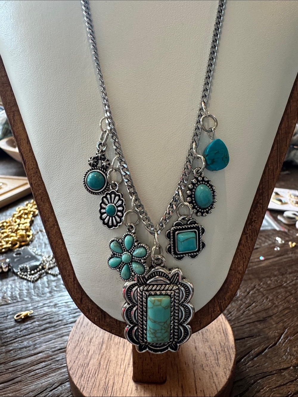 Turquoise Charm Pendant Necklace - Silver Tone Women’s Jewelry - Picture 2 of 10